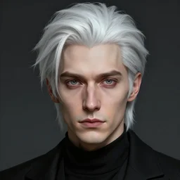 portrait of 4 0 - year - old man with white hair with a pale complexion, pointed face and grey eyes, wearing black clothes, hyper realistic face, beautiful eyes, character art, art by artgerm lau and wlop and and ilya kuvshinov and john singer sargent, hyperdetailed, cryengine, trending on artstation, digital art