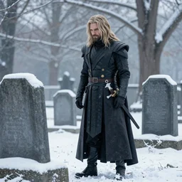 still image of kylo - ren standing in a snowy graveyard staring at a tombstone