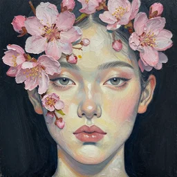 illustration, gouache impasto of human face, blossoms, intricate, by carne griffiths