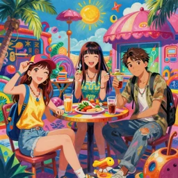 beautiful anime painting of sunny hiphop solarpunk summertime chill, by dao le trong, daniela uhlig, craig mullins, craig davison. trending on artstation, 8 k, masterpiece, graffiti paint, fine detail, full of color, intricate detail, golden ratio illustration