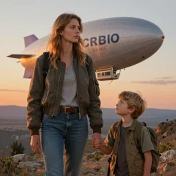 tall aviator girl in bomber jacket and adventurer boy holding hands abroad a zeppelin during sunset, photorealistic, 8k, ultrarealistic, textured, photography, painting by artgerm and greg rutkowski artstation