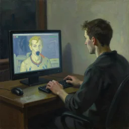 a dark edward hopper oil painting of a man playing video games