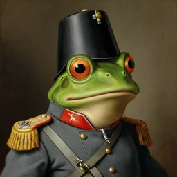 pepe the frog as ww 1 german general, schirmmutzen, pickelhaube, elegant detailed painting by sandro botticelli, uncropped