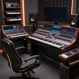 futuristic music studio full of mixers, stands and speakers, synthesizer racks, futuristic chairs, led stripes, illuminated knobs, illuminated faders, intricate insanely detailed octane render, 8K artistic photography, ultra photorealistic