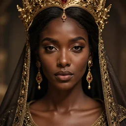portrait of queen, zoom, close - up, macro, fantasy, rule of thirds, atmosphere, intricate, brown skin, regal, octane render, 8 k, unreal engine, lumen, symmetrical!!, loreal, maybelline, sephora, loreal, artstation, art by karol bak cinematic, concept art, filmic, vsco