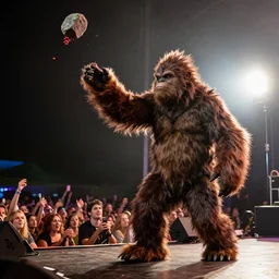 photo still of sasquatch on stage at vans warped tour!!!!!!!! at age 4 8 years old 4 8 years of age!!!!!!! throwing rocks and berries at the crowd, 8 k, 8 5 mm f 1. 8, studio lighting, rim light, right side key light