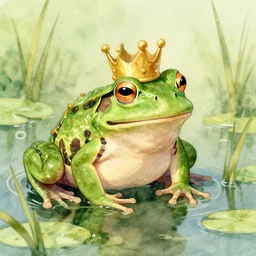 beautiful watercolor painting of a frog wearing a crown in swamp