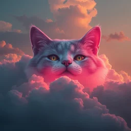 cat face in the clouds, retrowave digital artwork, photorealistic, sunset, very detailed, beautiful, volumetric lighting, high quality