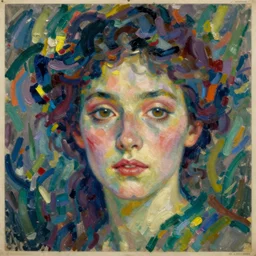 an extreme close - up portrait of a lady enshrouded in an impressionist representation of mother nature and the meaning of life ( ( ( by sonia delaunay ) ) ) and william holman hung, thick visible brush strokes, portrait painting by daniel garber, vintage postcard illustration