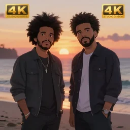 the weeknd with drake by studio ghibli, digital art, sharp focus, 4 k, sunset beach, foggy, neon