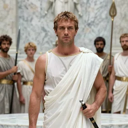 1 9 6 0 s movie still close - up of caligula in white toga stabbed by senators on marble stairs, cinestill 8 0 0 t 3 5 mm, high quality, heavy grain, high detail, dramatic light, anamorphic, detailed beard