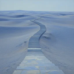a gorgeous blue desert landscape painting by barlowe wayne maxfield parrish and marco mazzoni. grey blue and very little light verdancy. the winding stone steps. ultra clear detailed. 3 d, octane render.