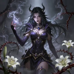 beautiful necromancer with mist and smoke magic, surrounded by thorns and lilies. attarctive face, anime key visual, highly detailed, sharp focus, concept art, league of legends, style by shumolly and monable and artgerm and greg rutkowski and zeronis and pilyeon and ruan jia