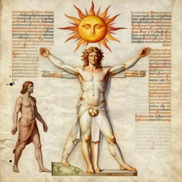 hyper realistic drawing of the god apollo, a manuscript in the style of the vitruvian man, stylized sun, drawing by leonardo davinci, hr giger, manuscript, bussiere, extremely detailed, intricate border, horror mood, sinister mood