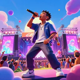 rapper performing at huge festival holding microphone, epic angle, digital art, vaporwave, psychedelic, surreal, hip hop, trending on Artstation, professional artist, detailed, 4k