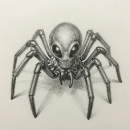 a very amateur crude pencil sketch of a spiderl eyes alien zombi fingi with 8 eyes and grey oily skin, multiple small black eyes