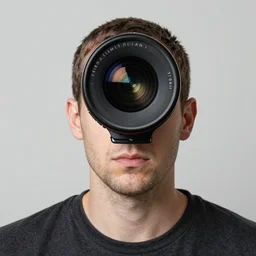 sci fi realistic man with camera lens in the middle of his head painted by peter elson