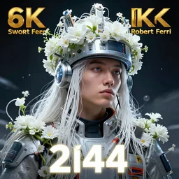 hyperrealist portrait of a 2 0 4 4 space sport engineer, it is decorated with long white wires and white flowers that fall like vines and wears a huge computer crown by roberto ferri, fantasy art, photo realistic, dynamic lighting, unreal engine rendered, artstation, poster, dramatic light, very detailed faces, - 8 k, award winning