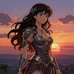 Morena Baccarin, sunset background, intricate, highly detailed, digital painting, artstation, official media, anime key visual, concept art, rich vivid colors, ambient lighting, sharp focus, illustration, art by Artgerm, Makoto Shinkai, Ilya Kuvshinov, Lois Van Baarle, and Rossdraws