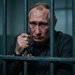 Vladimir Putin in prison behind bars, crying, dirty, sad, ugly, cinematic lightning, octane render, 8k, realistic photo,