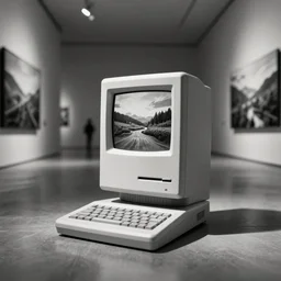 macintosh se on floor in the middle of a large museum, artwork on walls, black and white polaroid