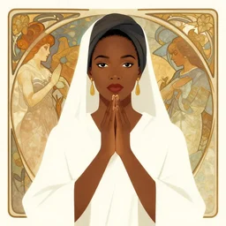 fiercely compassionate african - american bodhisattva, portrait illustration by greg rutkowski and alphonse mucha and carne griffiths