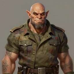 a middle aged half orc with intelligent eyes, wearing a bemused fanged smile on his face. dressed in a patchwork military uniform jacket with cut sleeves, runic arm tattoos, digital painting, art by magali villeneuve