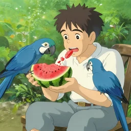 old man feeding a blue macaw with watermelon, by Dice Tsutsumi, Makoto Shinkai, Studio Ghibli