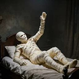 mummy rising from a bed in a very dark room