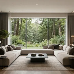 a beautiful modern living room, large windows with a beautiful view of a forest, an area rug, realistic, hd, 8 k, digital rendering, unreal engine, blender, octane, maya