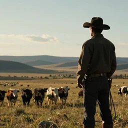 silhouette of a cowboy watching over his cattle in a valley background. in the style of ansel adams, photorealistic, ornately detailed, 4 k