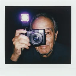 a close up polaroid photo from above of an old man illuminated by the purple flash of the camera photorealistic, 4 k, 8 k, ultra hd.