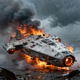 a massive spaceship, stuck in the ground, the spaceship is on fire, smoke, hard rainstorm, angry, kinetic, thomas kinkade,
