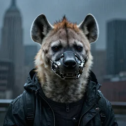 new york city portrait icon of furry anthro anthropomorphic spotted hyena head animal person fursona wearing clothes strange cybernetic metal muzzle gloomy rainy screenshot from the video game cyberpunk 2077 digital art by Greg Rutkowski, Simon Stalenhag, christopher nolan trending on Artstation, CGSociety, Bladerunner 2049