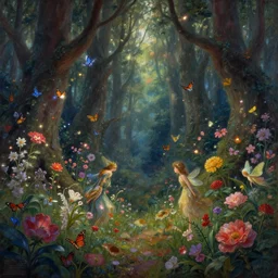 A matte painting of a magical forest of flowers, butterflies, flashes of light, fairies by Michael Whelan, Anato Finnstark , Edmund Dulac, Noah Bradley, detailed, Artstation , beautiful Fantasy detailed and matte painting by ivan laliashvili , trending on artstation, high quality printing, fine art with subtle redshift rendering