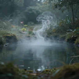 an amazing view of a little pond, etheric mood, matte painting, swirls of smoke and mist, high definition camera, depth of field