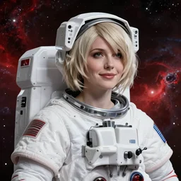 highly detailed portrait of a hopeful pretty astronaut lady with a wavy blonde hair, by Ben Templesmith, 4k resolution, nier:automata inspired, bravely default inspired, vibrant but dreary but upflifting red, black and white color scheme!!! ((Space nebula background))