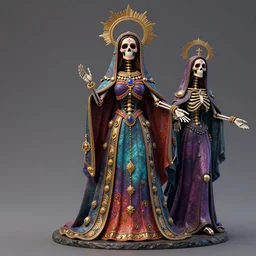 3 d sculpture of santa muerte female saint of death, a skeleton dressed in colorful robes and jewelry, wearing symbols of high society, trending on artstation, magical realism,