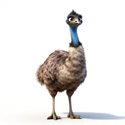 gentle emu, stylized pixar-style 3d render, full body, isolated on a pure white background, centered, entire subject in frame, sharp focus, soft studio lighting
