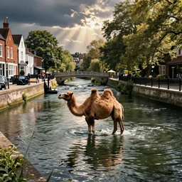 a camel swimming in the river stour in canterbury, seen from the high street