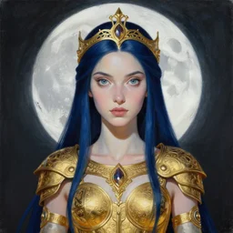 painting of slim priestess of the moon, golden filigree armor and tiara, moon above head, dark blue straight hair, smooth translucent skin, wide striking eyes, beautiful! coherent! by brom, by brian froud, strong line, high contrast, muted color, 4 k, trending on artstation