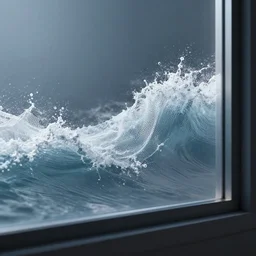 wave made of volxel hits the glass of a window, octane render, unreal engine, hyper detailed