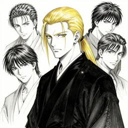 portrait of man with blond ponytail hair wearing black robes, pen and ink, intricate line drawings, by craig mullins, ruan jia, kentaro miura, greg rutkowski, loundraw