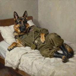 a oil painting of a anthropomorphic german shepherd beast - man, wearing military outfit, lying on a humble unmade bed wrinkled bed sheets