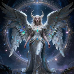 heartbreaking portrait of cosmic angel queen at the entrance of a stunning stargate - portal to the unknown universe by wayne barlowe, moebius, craig mullins, sense of wonder, intricate beautiful cosmic opal filigree details, 8 k octane render, cinematic lighting,