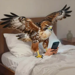 the hawk waking up up on his bed at 7 in the morning in the hope is in his bed watching his phone to see what time is it coloured painting