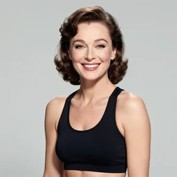 a 1 9 2 8 portrait. happy, healthy, smiling, sporty, glowing greta garbo in athletic wear with big smile and healthy teeth.