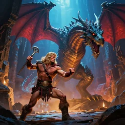 28mm Photo of conan the Barbarian, fighting a giant dragon in a dungeon, in the style of greg rutkowski, concept art, rim lighting, dark souls, unreal, octane, Frank frazetta, vibrant color, dramatic lighting, Edgar Rice Burroughs, ray tracing