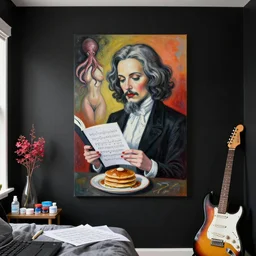 a portrait in a female art student's bedroom, black walls, a woman reading marx, pancakes, sheet music, electric guitar, surgical supplies, ikebana, sensual, octopus, neo - expressionism, surrealism, acrylic and spray paint and oilstick on canvas