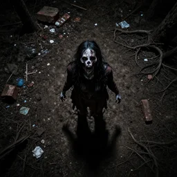 a high camera topdown picture of nightmare horror dirt with trash, bricks, roots and mud. dark.